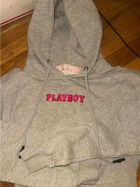 PLAYBOY Womens Gray Hoodie with Big Pink Logo Size Small/Medium EUC